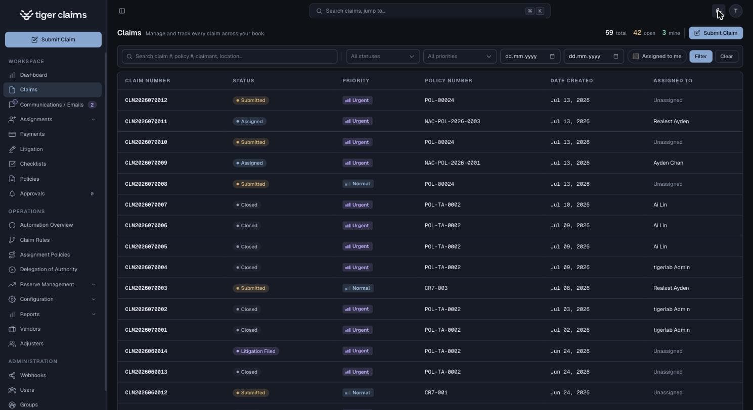 Claims Management: the claims list
