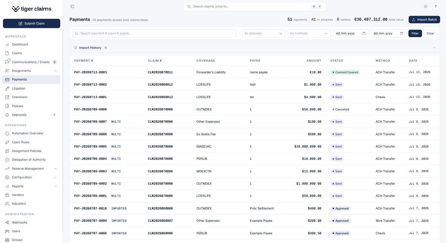 Claims Management: the payments list